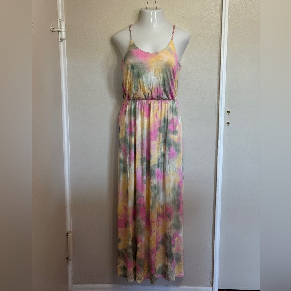 Lush Tie Dye Maxi Dress Blue White Scoop Neck Adjustable Straps‎ Summer Boho